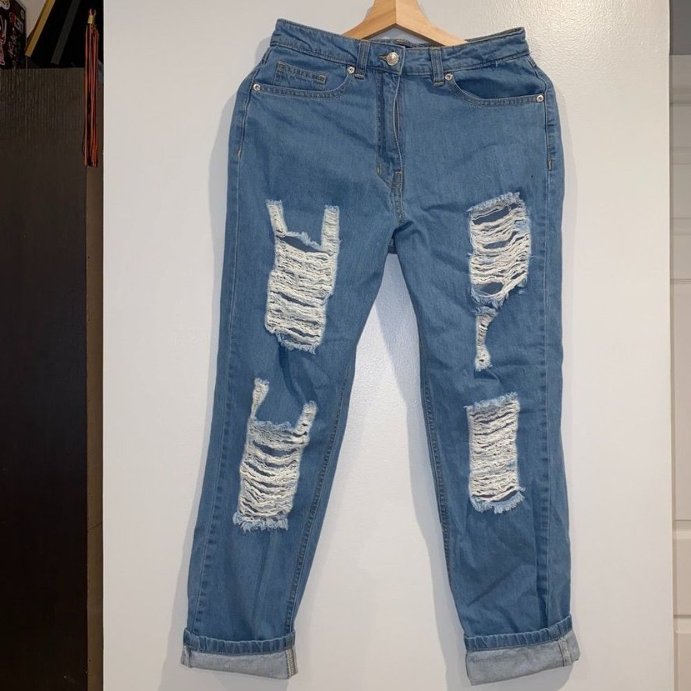 Parisian Cuffed Distressed Ripped Size 4 Mom Jeans Blue High Waist 5 Pocket